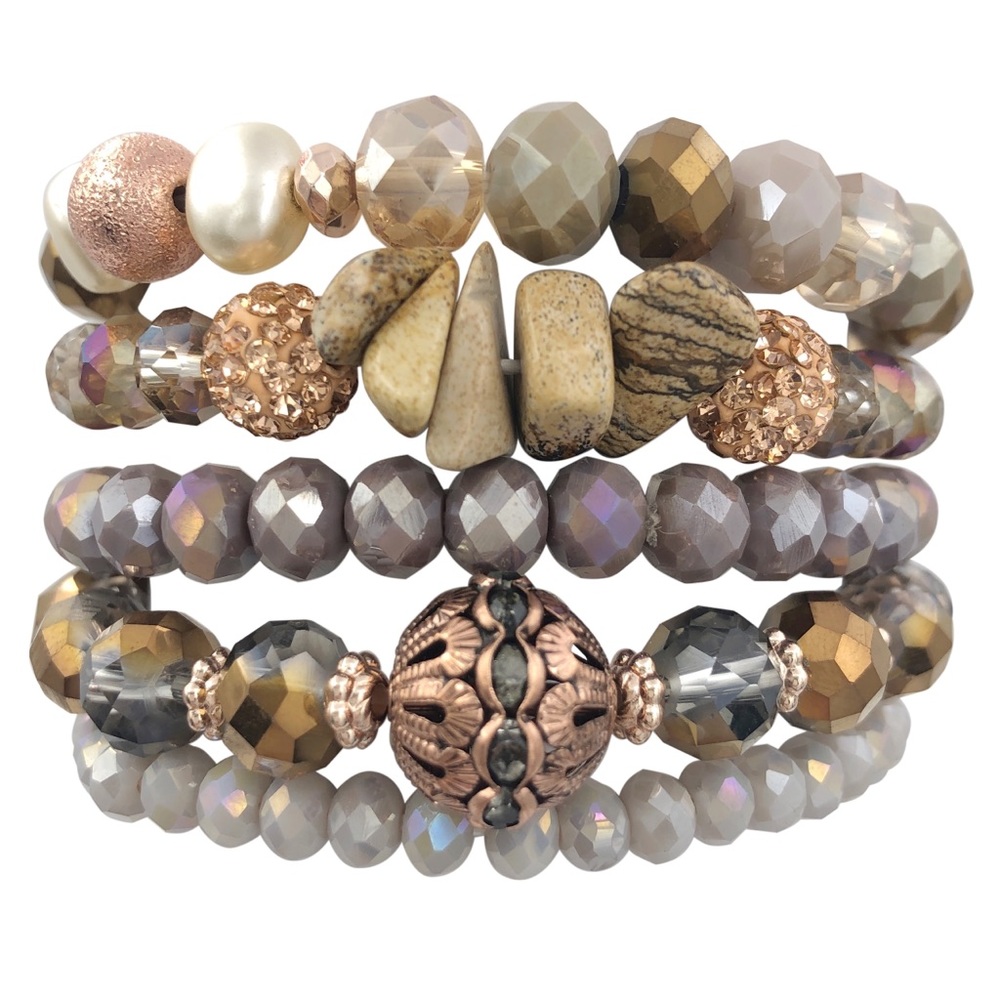 5 Row Glass & Stone Layered Brown Copper Grey Beaded Stretch Bracelets